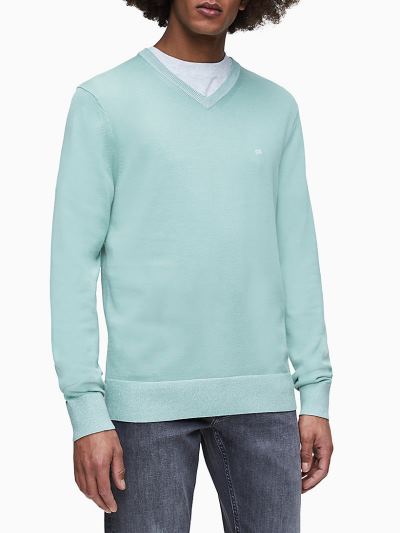 Calvin Klein Ruhák HU740620 | Calvin Klein Cotton-Silk V-Neck Férfi Pulóver Szürke / Zöld